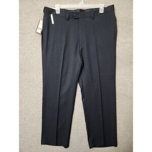 Haggar Straight Fit Dress Pants Mens 40x30  Navy Blue Micro Plaid Expandable NEW